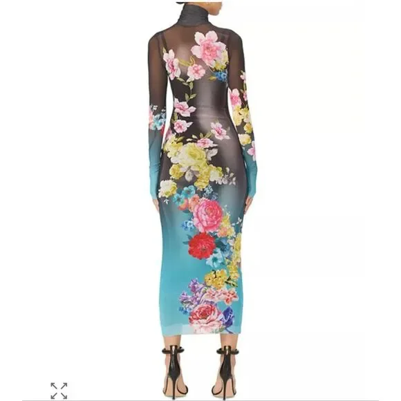 AFRM Black Aqua Rose Nude Floral Mesh Turtleneck Shailene Maxi Dress Size Small - Picture 2 of 13